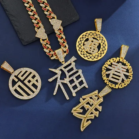 Hip Hop Iced Out Chinese Character Pendant Alloy Rhinestone Fu Ai Spring Jewelry Pendant Only Without Chain For Unisex