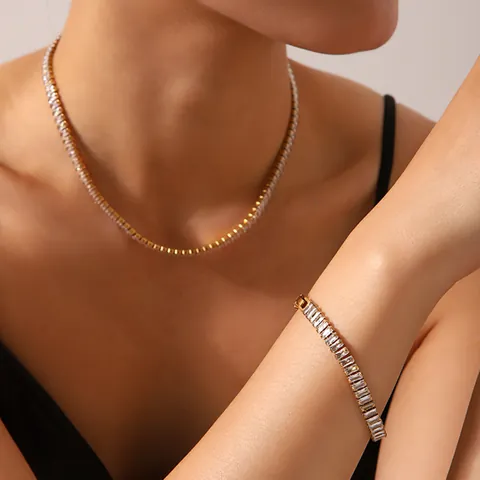 Lussuosa Collana E Bracciale In Acciaio Inossidabile Con Zirconi Baguette Combinazione Placcata Oro Argento Gioielli Geometrici Da Donna Accessorio Per Feste