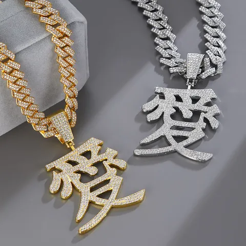 Hip Hop Iced Out Chinese Character Pendant Alloy Rhinestone Fu Ai Spring Jewelry Pendant Only Without Chain For Unisex