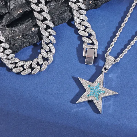 Combinazione di Collana con Pendente a Stella Iced Out per Uomo Unisex Gioielli Hip Hop Lega Strass Catena a Maglia Cubana e Catena a Corda Collane a Doppio Strato