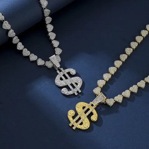 Collana con Pendente a Segno di Dollaro Hip Hop Iced Out Strass Lega Catena a Cuore Cubana Placcata Oro Argento Gioielli Uomo