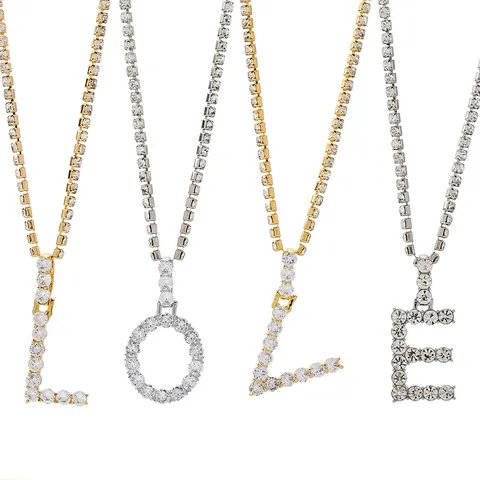 Eisige 26 Englische Alphabet Buchstaben Anhänger Halskette Hip Hop Tenniskette Bling Zirkonia Legierung Gold Silber Plattiert Damen Schmuck Geschenk