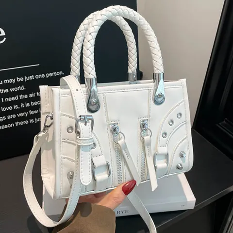 Women Motorcycle Punk Handbag PU Leather Rivet Zipper Underarm Bag Braided Handle Adjustable Crossbody Shoulder Bag Daily