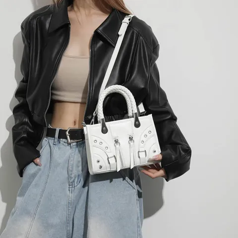Women Motorcycle Punk Handbag PU Leather Rivet Zipper Underarm Bag Braided Handle Adjustable Crossbody Shoulder Bag Daily