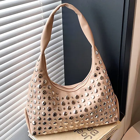 Borsa Hobo in Pelle PU con Borchie Vintage Americano per Donna Moda Tinta Unita Rivetto Sottobraccio Borsa a Tracolla Grande Capacità Borsa da Pendolare