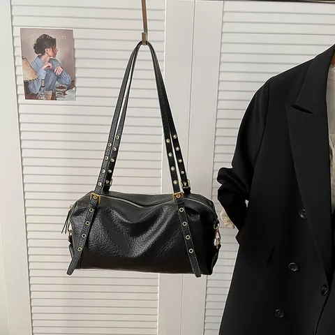 Vintage PU Leather Boston Bag For Women Lychee Pattern Metal Eyelet Strap Minimalist Shoulder Underarm Bag Daily Handbag