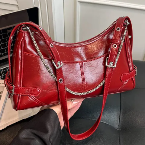 Women Vintage Glossy PU Leather Underarm Bag Fashion Chain Decor Shoulder Bag Retro Y2K Style Daily Solid Color Handbag