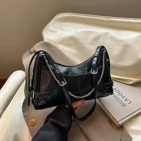 Women Vintage Glossy PU Leather Underarm Bag Fashion Chain Decor Shoulder Bag Retro Y2K Style Daily Solid Color Handbag