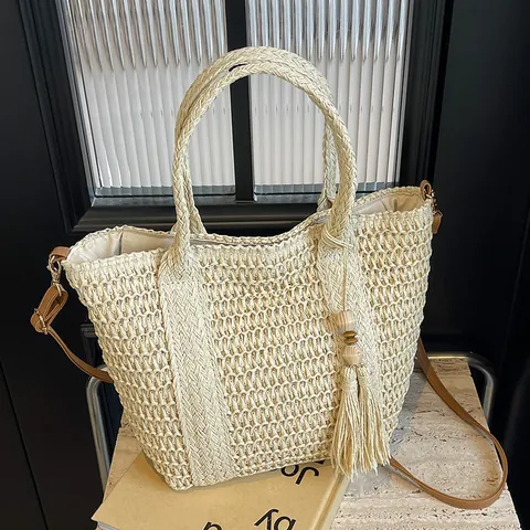 Borsa Tote in Paglia Intrecciata di Grande Capacità per Donna Borsa a Mano Estiva da Spiaggia Con Nappa Perline in Legno