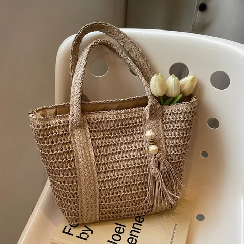Borsa Tote in Paglia Intrecciata di Grande Capacità per Donna Borsa a Mano Estiva da Spiaggia Con Nappa Perline in Legno