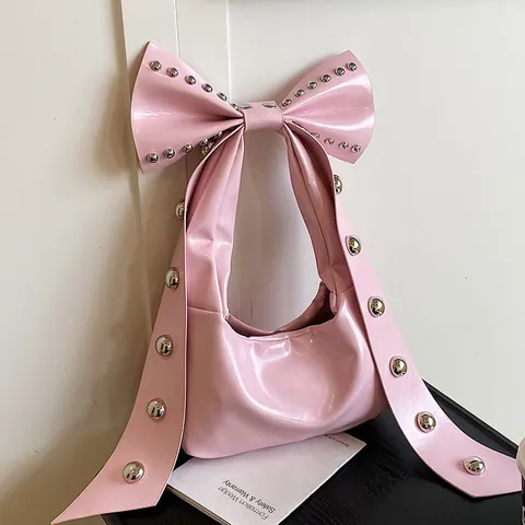 Borsa a Spalla con Borchie e Fiocco Trendy Stile American Hot Girl in Pelle Sintetica Hobo Sottobraccio per Donna Moda