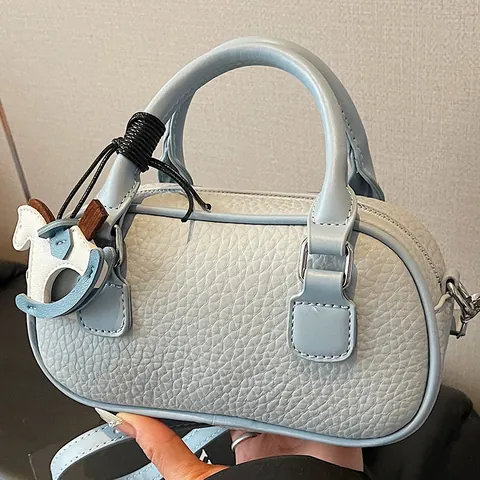 Women Fashion Lychee Pattern PU Leather Bowling Boston Bag Adjustable Strap Handheld Crossbody Shoulder Bag With Horse Charm