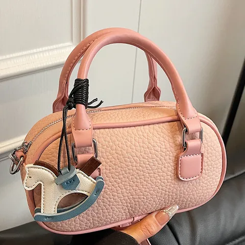 Women Fashion Lychee Pattern PU Leather Bowling Boston Bag Adjustable Strap Handheld Crossbody Shoulder Bag With Horse Charm