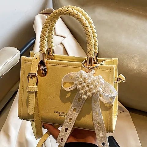 Kleine Vierkante Crossbodytas Voor Dames Gerimpeld Kunstleer Handtas Met Geweven Handvat Parelhart Kantstrik Stedelijke Stijl