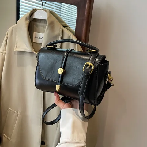 Women Retro Synthetic Leather Small Square Handbag Vintage Gold Buckle Flap Crossbody Shoulder Bag With Adjustable Strap