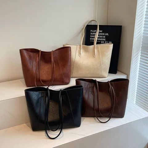 Bolso Tote de Gran Capacidad para Mujer Vintage de Cuero PU Bolso de Hombro Urbano Minimalista para Viaje Color Sólido