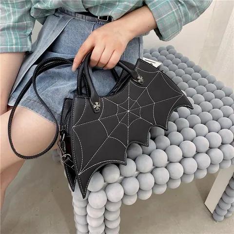 Gothic Fledermausflügel Handtasche Schwarz PU Leder Spinnennetz Nähte Umhängetasche Halloween Damen Tasche