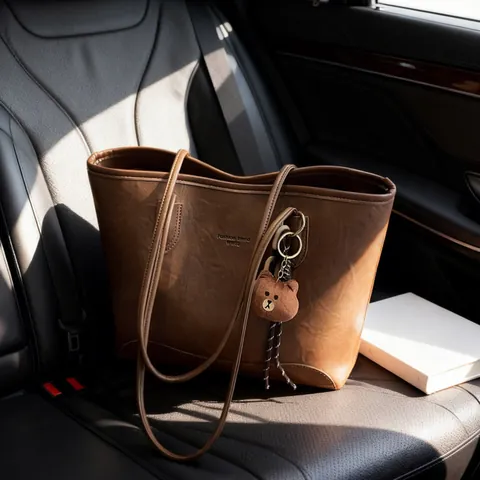 Sac Cabas de Grande Capacité en Similicuir Vintage pour Femmes Mode Trajet Sac à Main Bandoulière Avec Pendentif Ours en Peluche