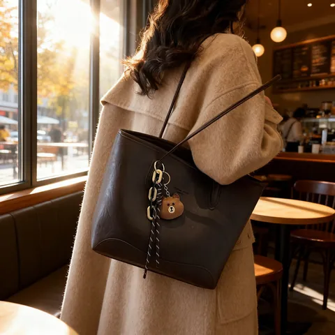 Sac Cabas de Grande Capacité en Similicuir Vintage pour Femmes Mode Trajet Sac à Main Bandoulière Avec Pendentif Ours en Peluche