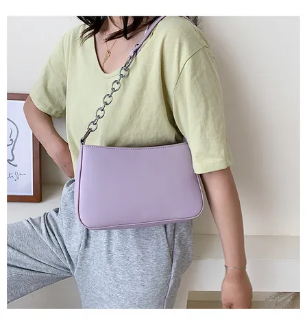 Women Retro PU Leather Underarm Bag Fashion Baguette Shoulder Bag With Metal Chain Decorative Motorcycle Style Crossbody