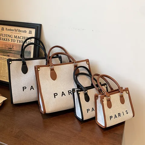 Women Vintage Canvas PU Leather Tote Bag Large Capacity Paris Print Shoulder Bag Contrast Color Handle Daily Handbag