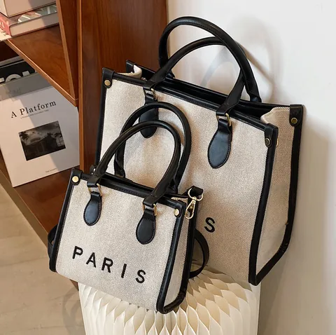 Women's Casual Canvas Tote Bag Paris Letter Print Large Capacity Handbag Contrast PU Leather Stitching Crossbody Bag