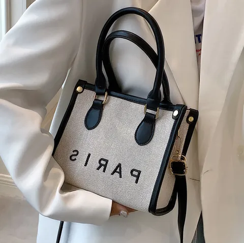 Women's Casual Canvas Tote Bag Paris Letter Print Large Capacity Handbag Contrast PU Leather Stitching Crossbody Bag