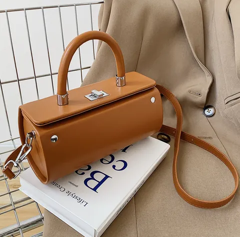 Minimalist PU Leather Cylinder Shoulder Bag For Women Solid Color Crossbody Handbag With Silver Lock Fashion Office Casual Purse