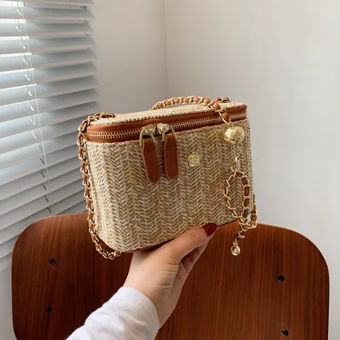 Borsa a Tracolla da Donna in Paglia Intrecciata Con Catena Sfera di Metallo Decorazione Floreale Vintage Borsa Mare Box