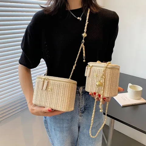 Borsa a Tracolla da Donna in Paglia Intrecciata Con Catena Sfera di Metallo Decorazione Floreale Vintage Borsa Mare Box