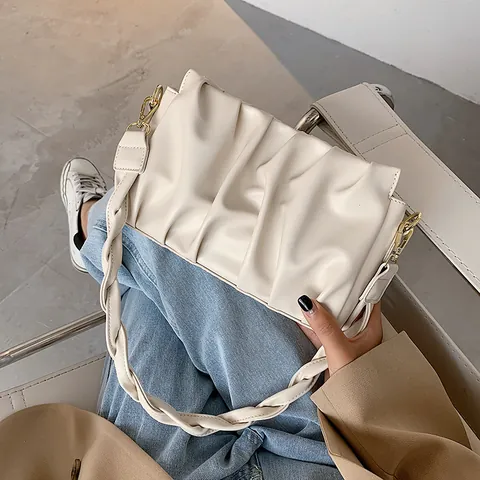 Women's Pleated Ruched Underarm Bag PU Leather Shoulder Crossbody Bag With Woven Strap Gold Chain Square Small Handbag Daily Office Dating