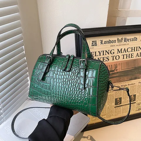 Dames Mode Krokodillenpatroon PU-leer Boston Tas Grote Capaciteit Schouder Crossbody Handtas Met Dubbele Handvatten En Riem