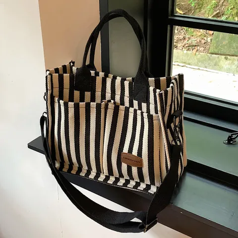 Sac Cabas en Toile à Rayures pour Femmes Grande Capacité Sac à Bandoulière Décontracté Avec Sangle Réglable Sac à Main de Mode