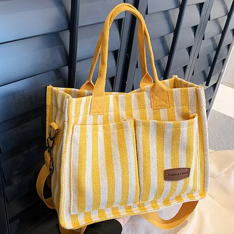 Sac Cabas en Toile à Rayures pour Femmes Grande Capacité Sac à Bandoulière Décontracté Avec Sangle Réglable Sac à Main de Mode