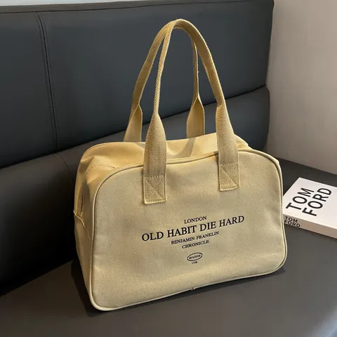 Women Canvas Tote Bag Retro Letter Large Capacity Daily Commute Shoulder Bag Off White Khaki Minimalist Double Handle Zipper Handbag
