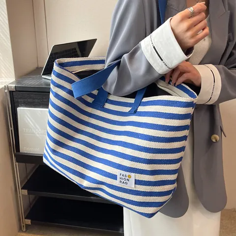 Women Stripe Canvas Tote Bag Large Capacity Casual Shoulder Handbag Simple Stripe School Travel Shopping Bag With Zipper Closure