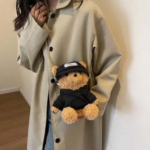 Women Cute Plush Teddy Bear Crossbody Bag Fashion Animal Shaped Shoulder Bag With Chain Strap Hoodie Hat Design Casual Small Bag