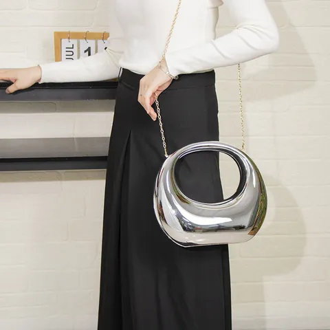 Bolso de Noche Brillante de Acrílico para Mujer Cartera de Mano Geométrica Hueca Elegante Con Cadena de Metal Desmontable para Fiesta Boda