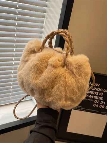 Women Fashion Faux Fur Handbag Woven Handle Shoulder Crossbody Bag Plush Cloud Tote Bag Autumn Winter Trendy Solid Color