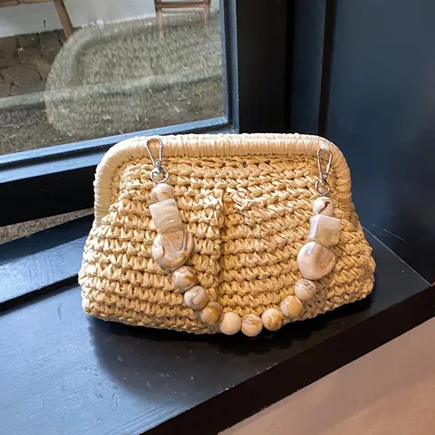 Sac à Main Nuage Tissé en Paille pour Femmes Avec Poignée en Perles de Marbre Sac à Bandoulière de Plage de Vacances d'Été