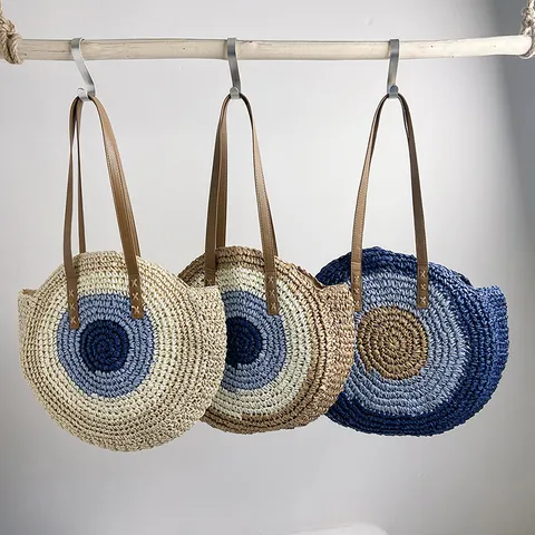 Boho Rund Handgewebt Papier Stroh Tragetasche Böser Blick Muster Große Kapazität PU Lederriemen Schulter Strand Urlaub Tasche Damen