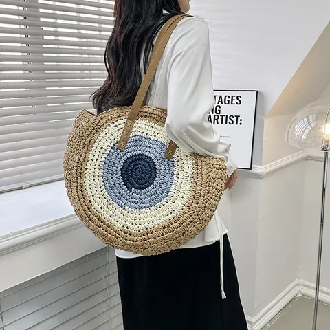 Boho Rund Handgewebt Papier Stroh Tragetasche Böser Blick Muster Große Kapazität PU Lederriemen Schulter Strand Urlaub Tasche Damen