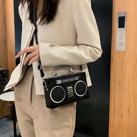 Vintage Radio Shaped Crossbody Bag For Women Creative Boombox Top Handle Box Bag PU Leather Small Square Shoulder Bag Party Purse