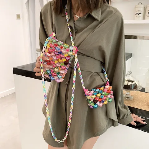 Acrylic Heart Beaded Shoulder Bag Handmade Woven Jelly Rainbow Dopamine Style Small Handbag With Plastic Chain Strap