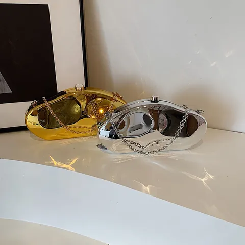 Irregular Organic Shape Mirror Finish Acrylic Clutch Bag Liquid Metal Look Evening Party Crossbody With Chain Strap