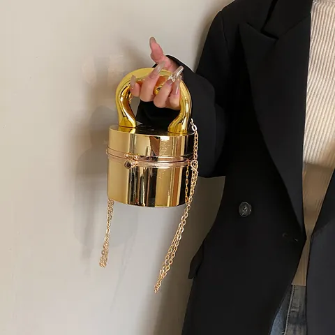 Mirror Surface Acrylic Cylindrical Crossbody Bag For Women With Unique Curved Handle And Metal Chain Strap Evening Barrel Handbag