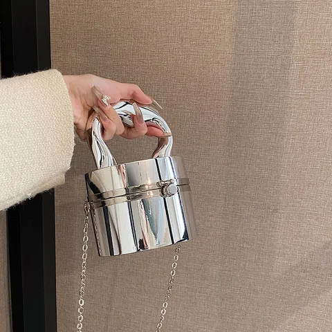 Mirror Surface Acrylic Cylindrical Crossbody Bag For Women With Unique Curved Handle And Metal Chain Strap Evening Barrel Handbag