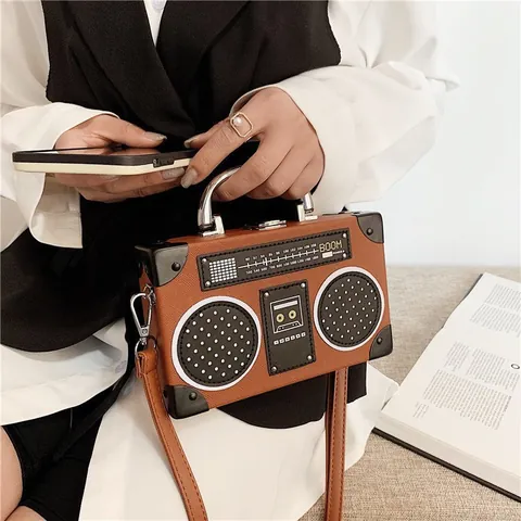 Vintage Radio Shaped Crossbody Bag For Women Creative Boombox Handbag With Metal Handle PU Leather Retro Style Funny Shoulder Bag