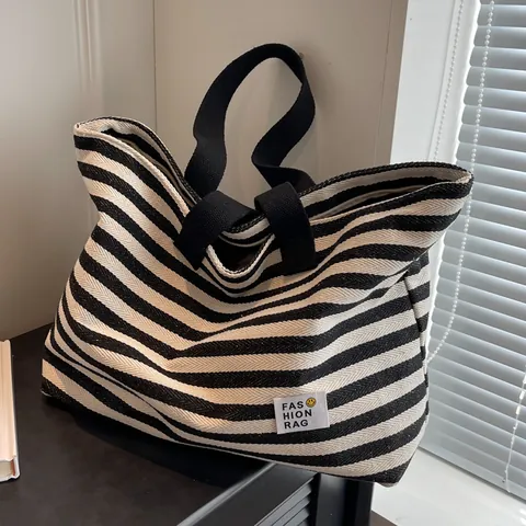Women Stripe Canvas Tote Bag Large Capacity Casual Shoulder Handbag Simple Stripe School Travel Shopping Bag With Zipper Closure