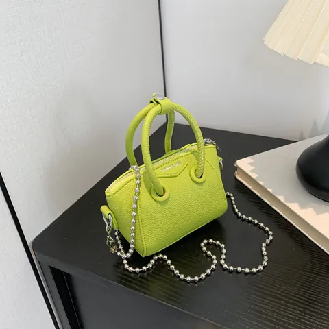 Mini Boston Handbag For Girls Fashion Lychee Pattern PU Leather Crossbody Bag Silver Chain Small Tote Bag Everyday Accessories